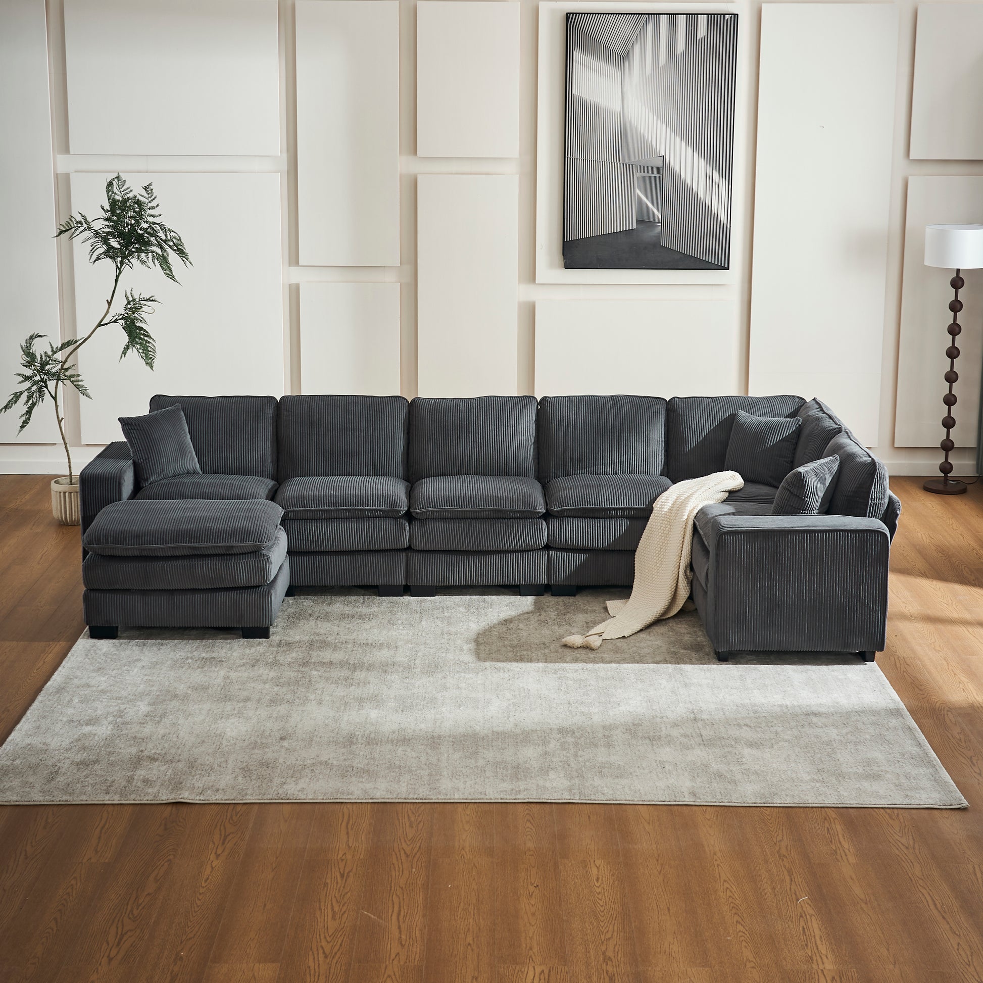 Modern U Shaped 6-seat Sectional Sofa Couch with one Ottoman and three toss pillows ,Modular Sofa for Living Room,Corduroy sofa