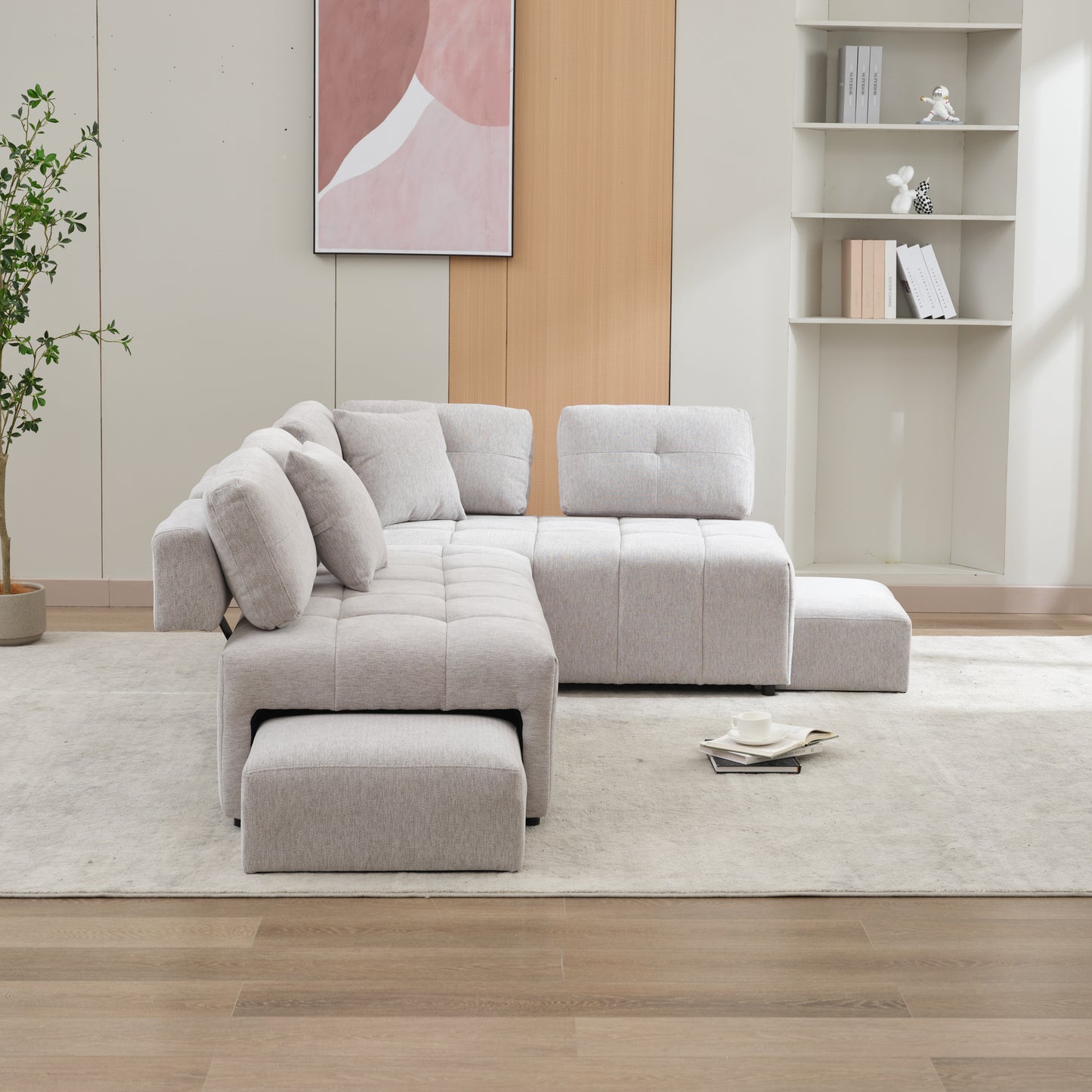 91.73" L-shaped Sofa Sectional Sofa Couch with 2 Stools and 2 Lumbar Pillows for Living Room, Light Grey