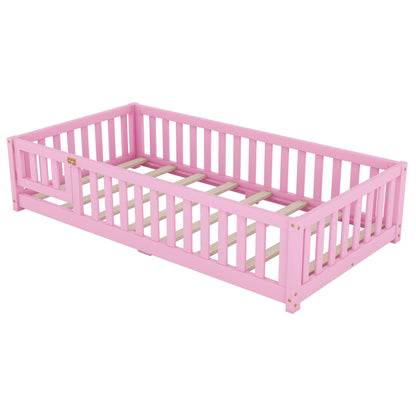 Twin Size Bed Floor Bed with Safety Guardrails and Door for Kids, Pink