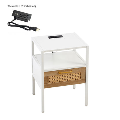 15.75" Rattan End table with Power Outlet  & USB Ports , Modern nightstand with drawer and metal legs, side table for living room, bedroom,white(1 PC)