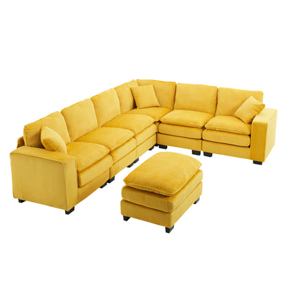 Modern U Shaped 6-seat Sectional Sofa Couch with one Ottoman and three toss pillows ,Modular Sofa for Living Room,Corduroy sofa