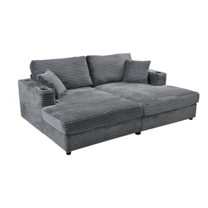 86.5" Oversized Loveseat Chaise Lounge Sectional Sofa Bed Corduroy Sleeper Sofa with Two USB Ports , Two Cup Holders and Two Throw Pillows for Living Room and Bedroom, Dark Gray