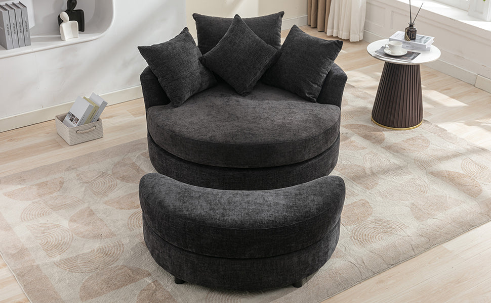 Orisfur. 360° Swivel Accent Barrel Chair with Storage Ottoman & 4 Pillows, Modern Chenille Leisure Chair Round Accent for Living Room, Gray