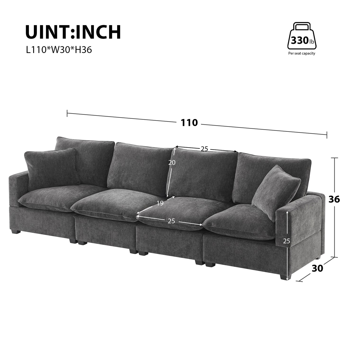 [VIDEO provided] [New] 110*29" Modern Modular Sofa, 4 Seat Chenille Sectional Couch Set with 2 Pillows Included, Freely Combinable Indoor Funiture for Living Room, Apartment, Office, 2 Colors