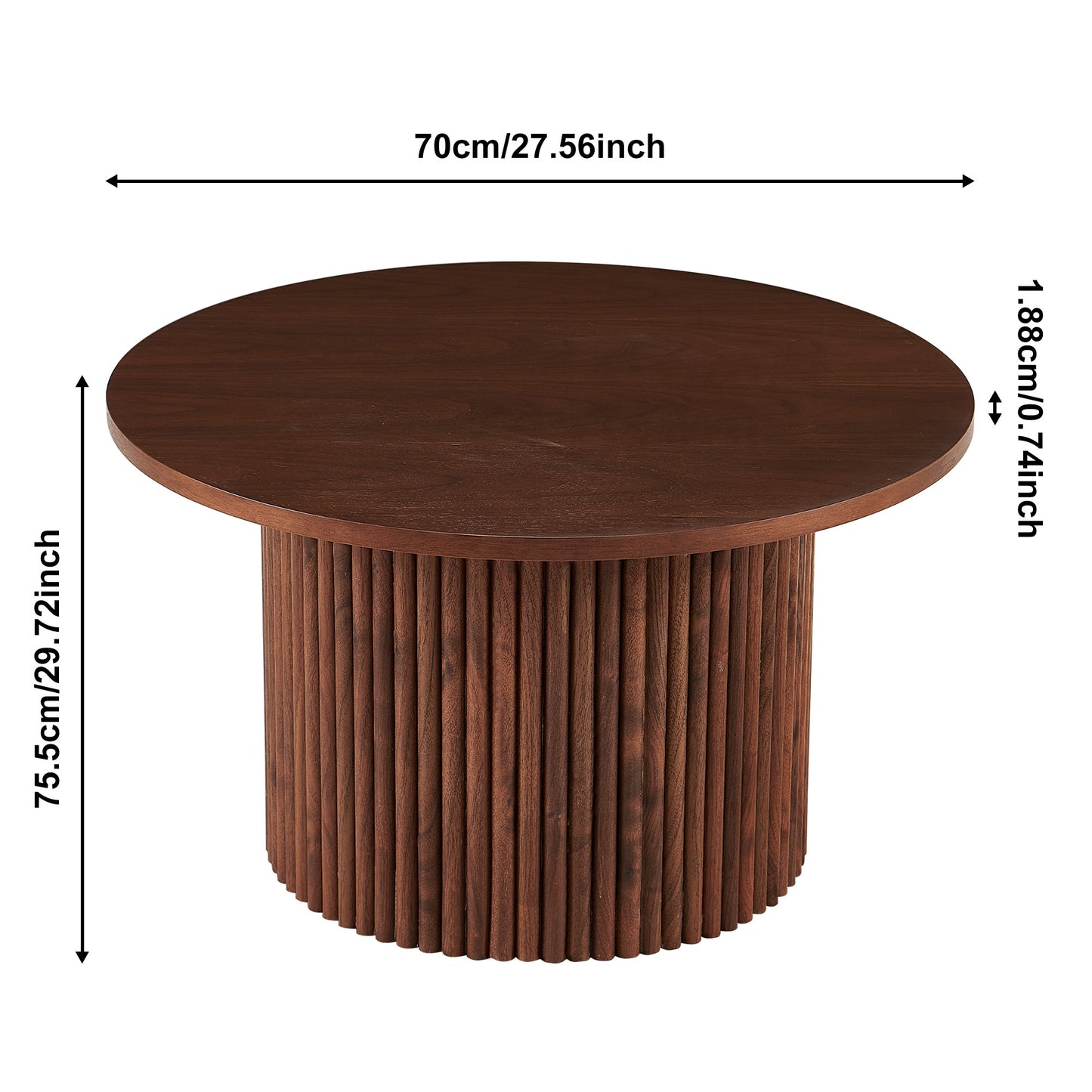 Walnut Wood Veneer Tabletop 27.56 Inch Round Coffee Table, Farmhouse Circle Coffee Table MDF Table-top with Metal Base, Sofa Side Table for Living Room, Reception Room