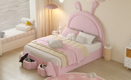 Full size Upholstered Rabbit-Shape Bed with 2 Storage Stools, Velvet Platform Bed with Cartoon Ears Shaped Headboard, Pink