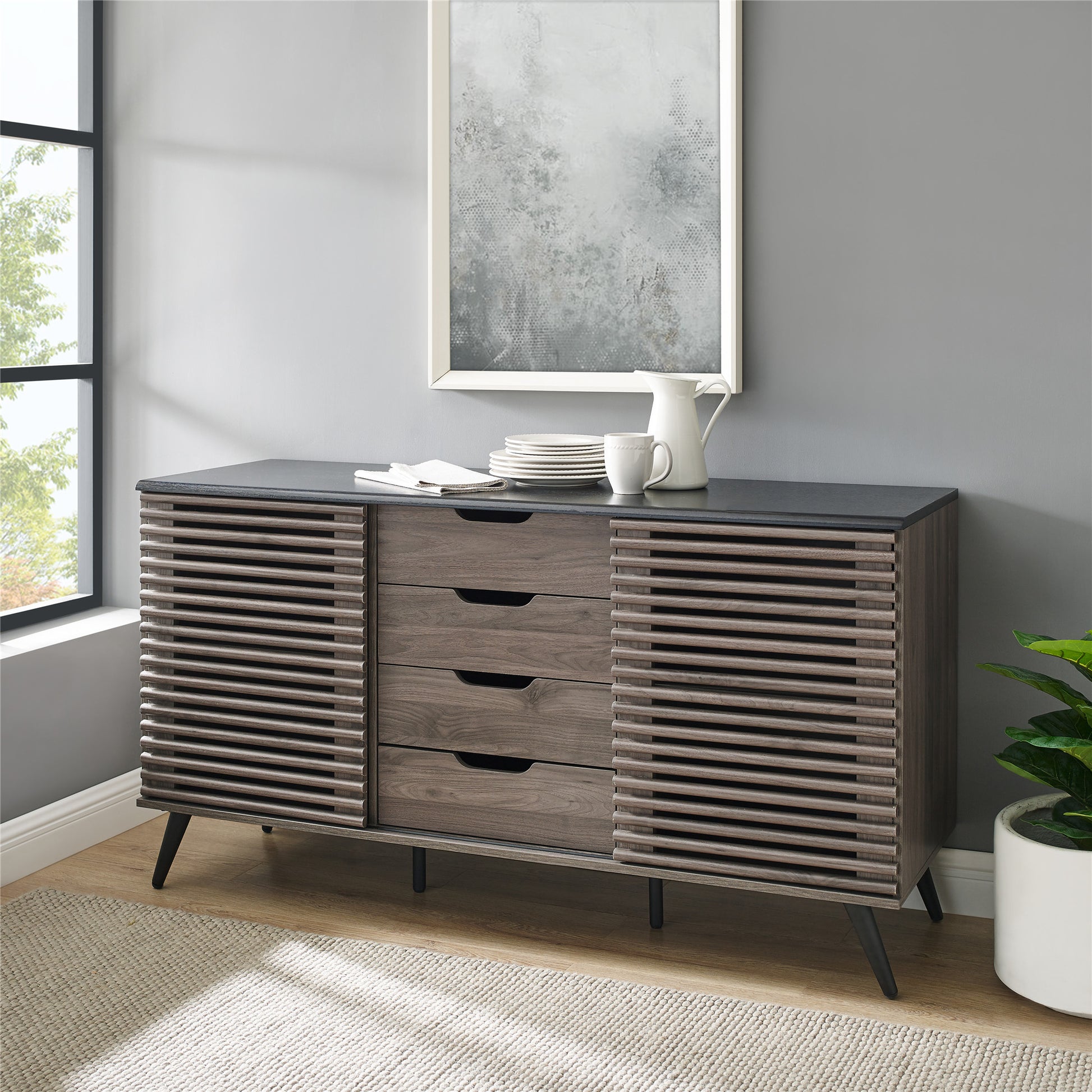 Contemporary Sliding Slat-Door Sideboard - Ebony/Slate Grey