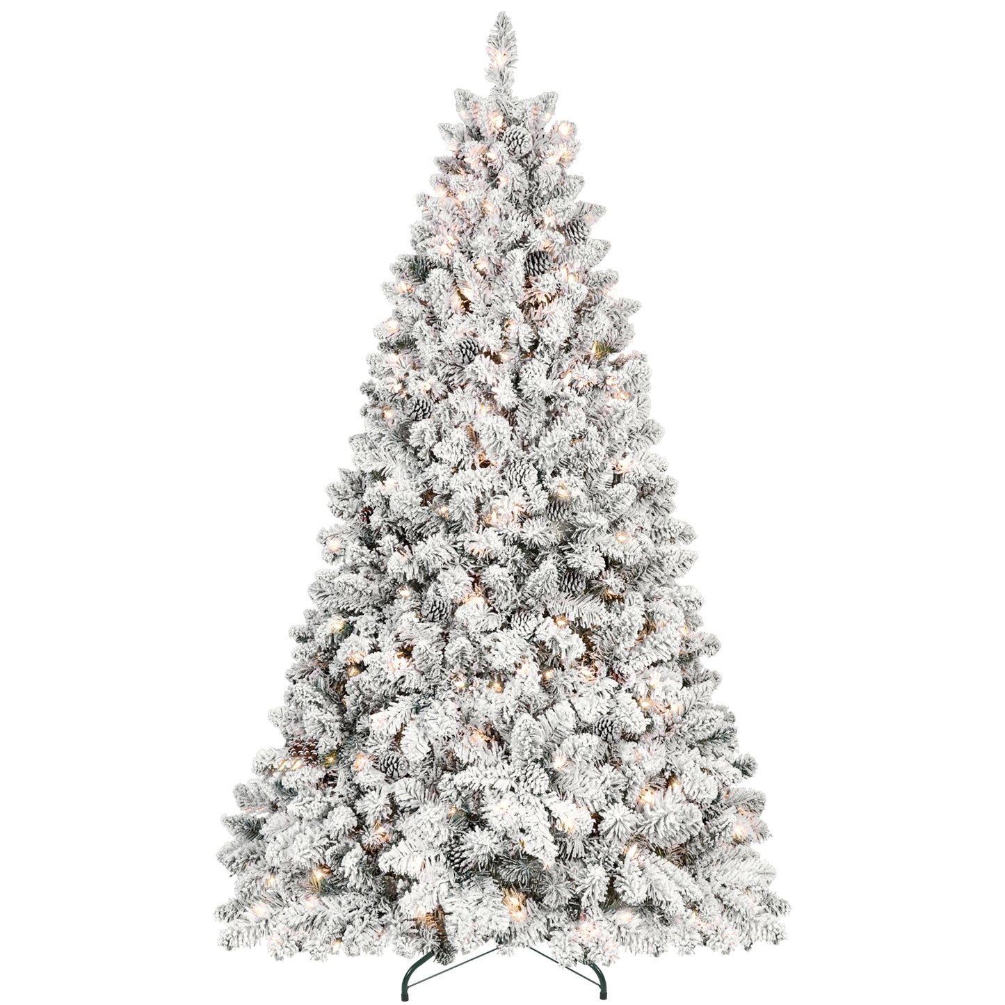 9FT Snow-Flocked Artificial Christmas Tree with Pine Cones, Prelit Xmas Trees, Hinged Easy Assembly & Reinforced Metal Base - Ideal for Indoor & Outdoor Festive Decorations