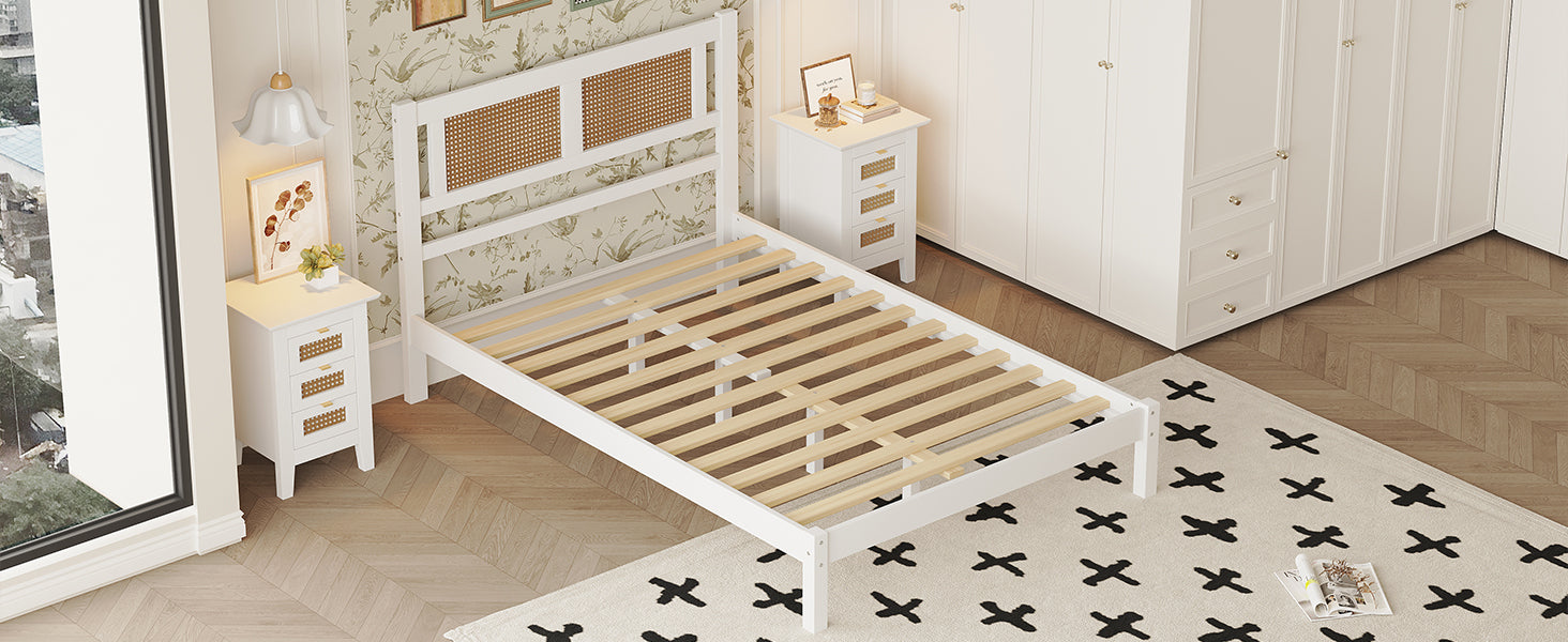 Full Size Wooden Platform Bed with Natural Rattan Headboard, Exquisite Elegance with Minimalist Charm for Bedroom, White