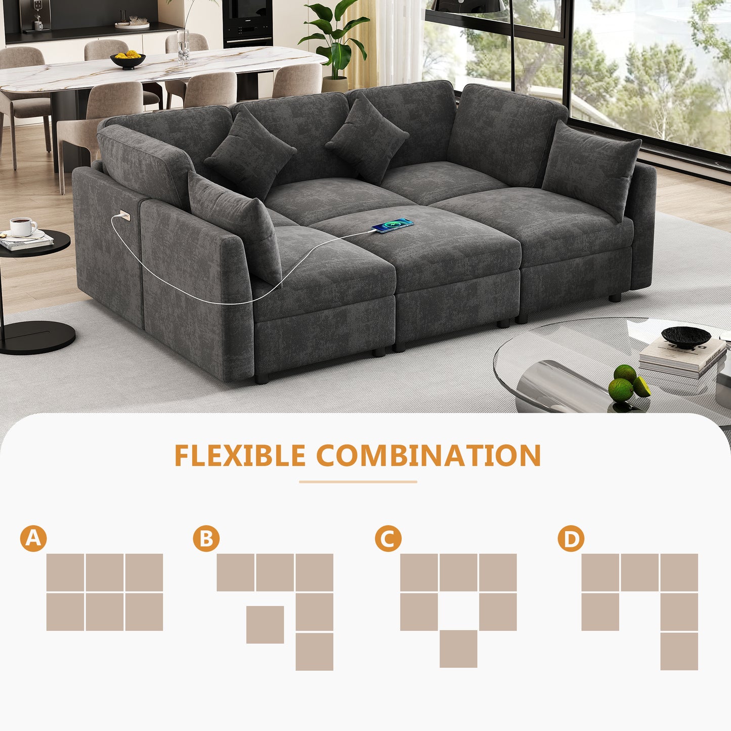 85.4" Sectional Sofa Modular Sofa U-shaped Sofa Couch Sofa Bed L-shaped Sofa with a Movable Ottoman and Two USB Ports for Living Room, Black