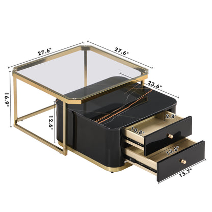 Modern 2 Pieces Black  Square Nesting  Coffee Table with Drawers & Electroplated gold legs in 27.6''