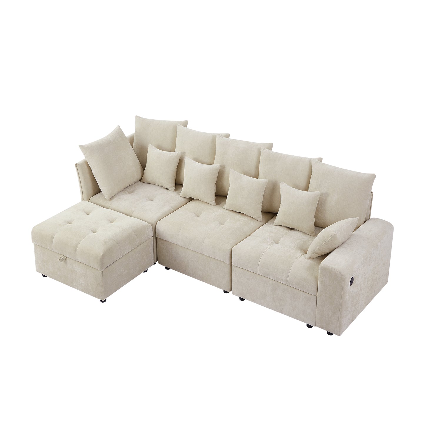 96.45"Sectional sofa Modular Sofa Couch with Three USB Ports, a Removable Storage Ottoman and Five Back Pillows for Living Room, Beige