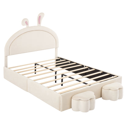 Full size Upholstered Rabbit-Shape Bed with 2 Storage Stools, Velvet Platform Bed with Cartoon Ears Shaped Headboard, White