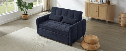 52.8" Loveseat Sofa Pull-out Sofa Bed Tufted Sleeper Sofa with an Adjustable Backrest, Three USB Ports and Two Lumbar Pillows for Living Room, Blue