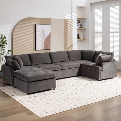 [ Video Provided]U_STYLE Upholstered Sectional Sofa with Removable Ottoman,U-Shape 6 Seat Sectional Couch,  for Living Room,,Apartment, Spacious Space