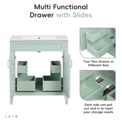 30" Bathroom Vanity with Sink, Multi-functional Bathroom Cabinet with Doors and Drawers, Solid Frame and MDF Board, Green