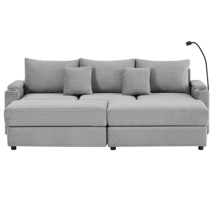 95.3" Modern Style 3-Seater Sofa Sectional Sofa Couch with Storage Space, Two Movable Ottomans, Two USB Ports, Two Cup Holders, A Phone Holder for Living Room, Grey