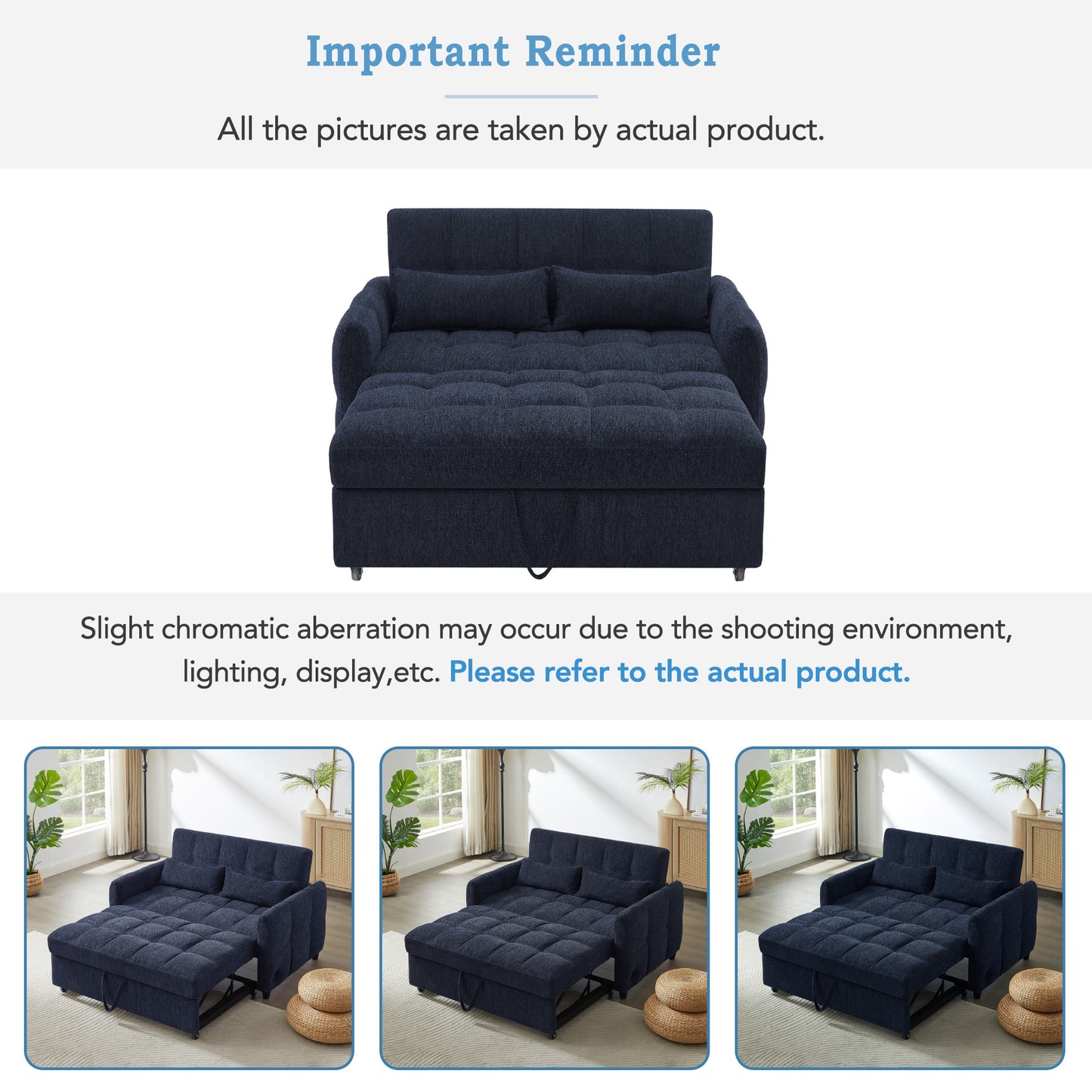 52.8" Loveseat Sofa Pull-out Sofa Bed Tufted Sleeper Sofa with an Adjustable Backrest, Three USB Ports and Two Lumbar Pillows for Living Room, Blue