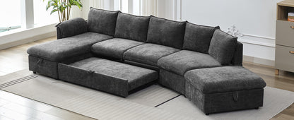 146.9" L-shaped Sofa Sectional Sofa Couch Pull-out Sofa Bed with a Movable Storage Ottoman, a Storage Chaise Lounge and Two USB Ports for Living Room, Grey