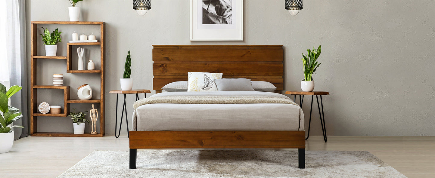 Mid-Century Modern Solid Wood Bed Frame Queen Size Platform Bed with Three-Piece Headboard Design, No Box Spring Needed, Brown