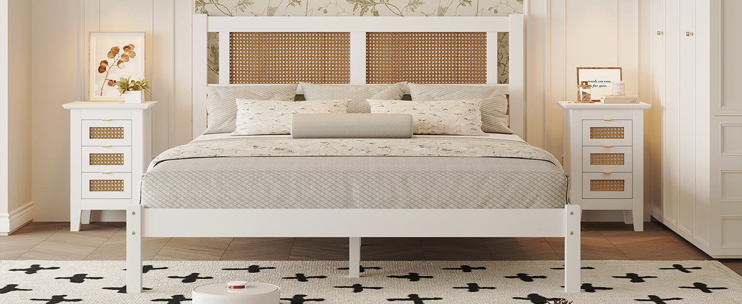 Queen Size Wood Platform Bed with Natural Rattan Headboard,Exquisite Elegance with Minimalist Charm for Bedroom,White