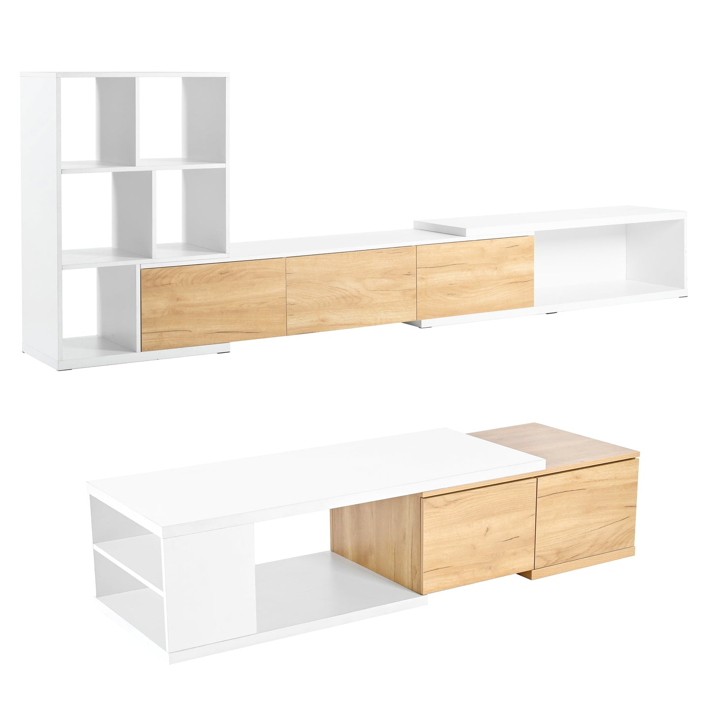 ON-TREND Extendable TV Stand and Coffee Table Set with 3 Tier Bookshelves for Living Room