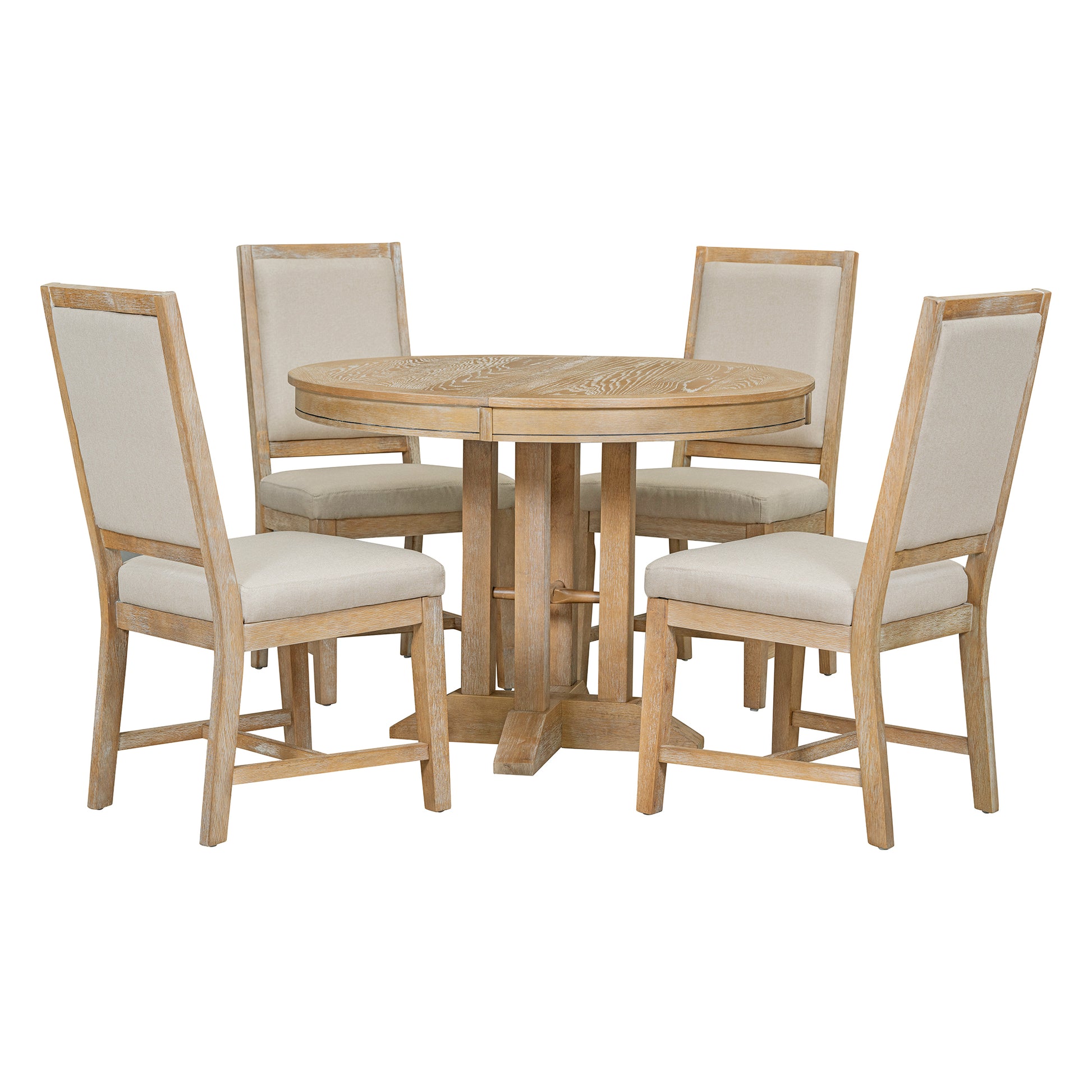 TREXM 5-Piece Dining Set Extendable Round Table and 4 Upholstered Chairs Farmhouse Dining Set for Kitchen, Dining Room(Natural Wood Wash)