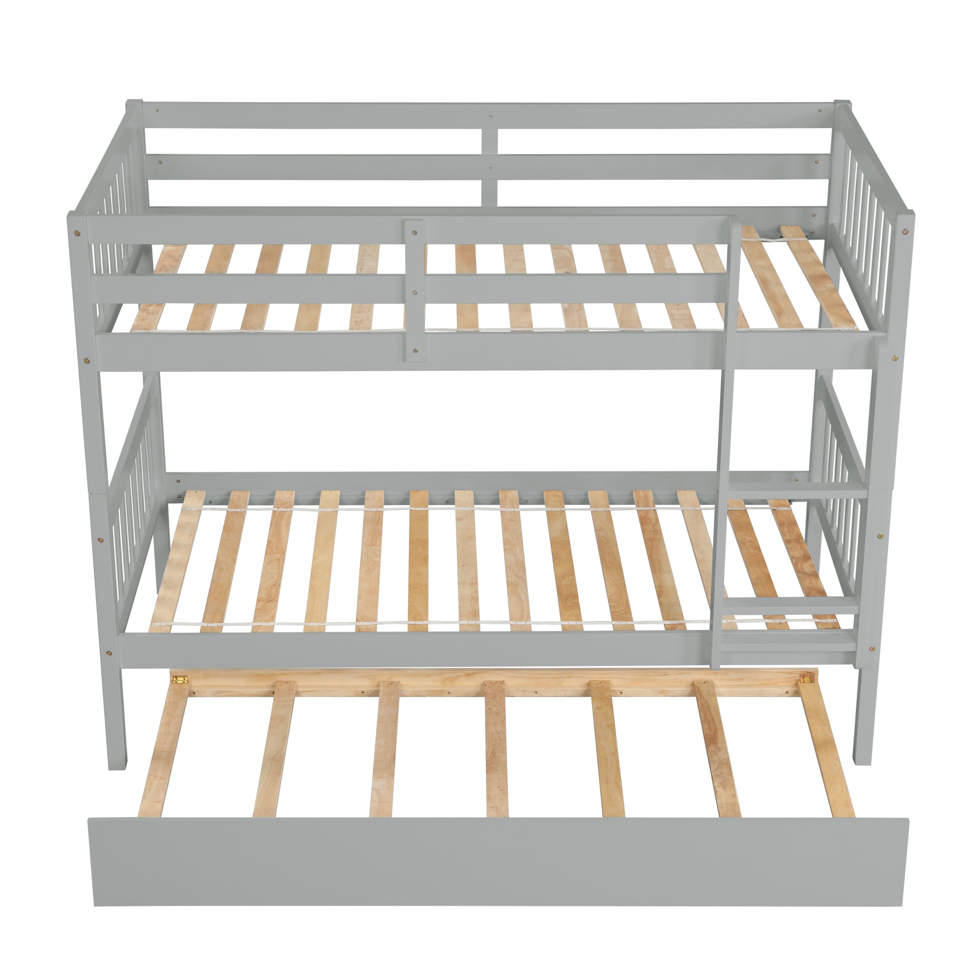 Twin Over Twin Bunk Beds with Trundle, Solid Wood Trundle Bed Frame with Safety Rail and Ladder, Kids/Teens Bedroom, Guest Room Furniture, Can Be converted into 2 Beds,Grey (Old Sku:W504S00027)