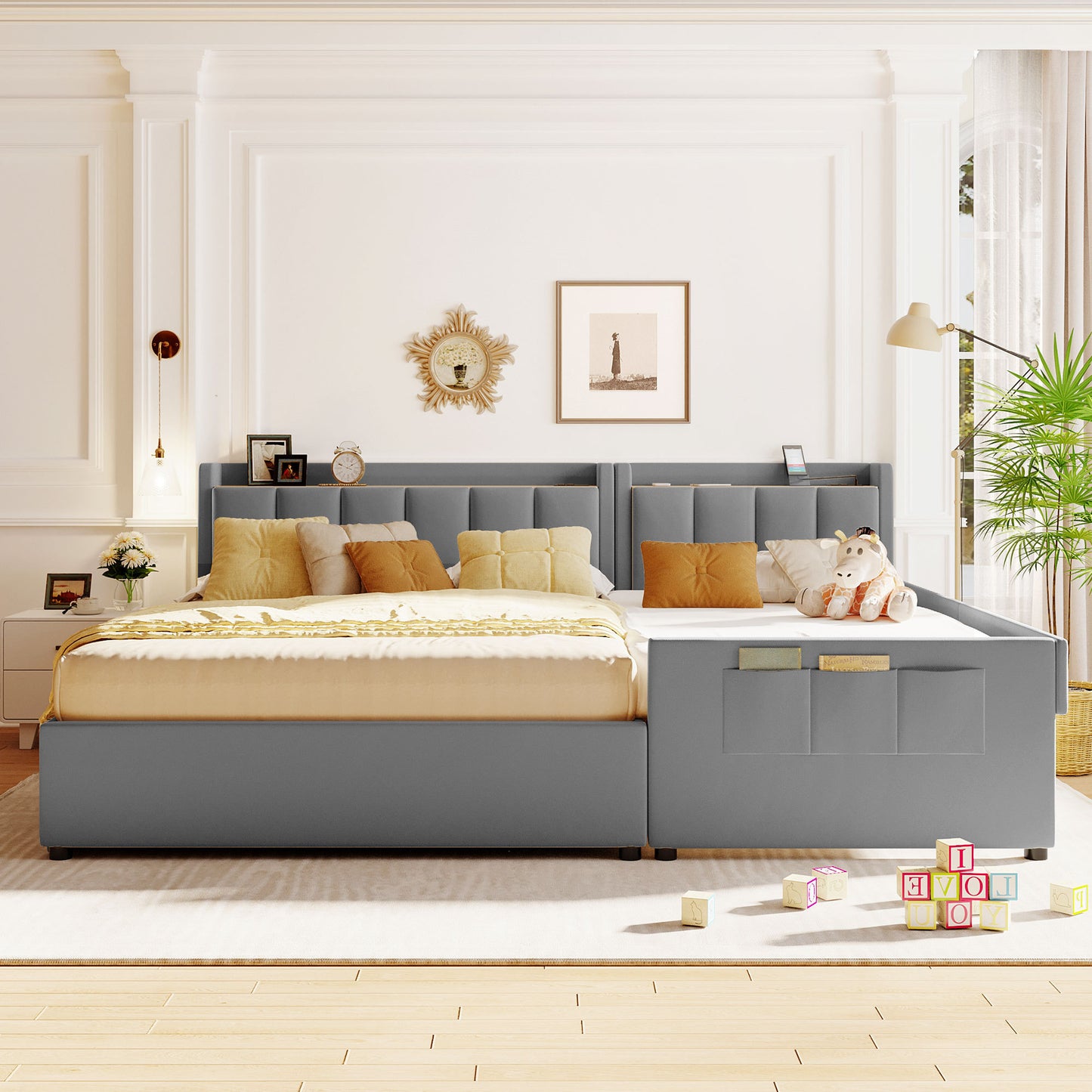 Queen Size & Twin XL Size Upholstered Platform Bed, Mother & Child Bed with Hydraulic Storage System, Drawer Box, Bedhead storage shelf and Two pairs of sockets & USB Ports, PU Leather, Gray