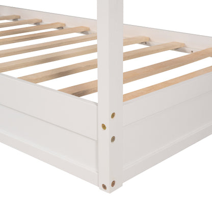 Wood House Bed Twin Size, 2 Twin Solid Bed L structure with fence and slatted frame, White