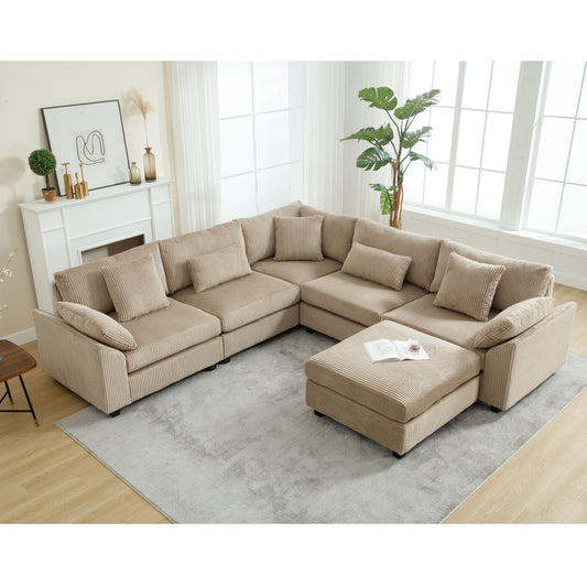 Oversized Modular Sectional Sofa Set, Corduroy Upholstered Deep Seat Comfy Sofa for Living Room, 6 Seat, Brown