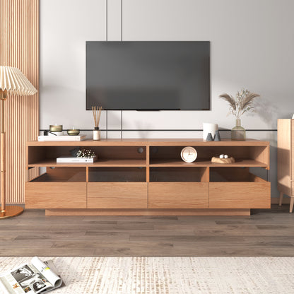 Modern TV with 4 Drawers& 2 open Cabinets, Media Console Table for TVs up to 75'', Entertainment Center with Acrylic transparent Storage Space for Living Room, Bedroom, Home Theatre