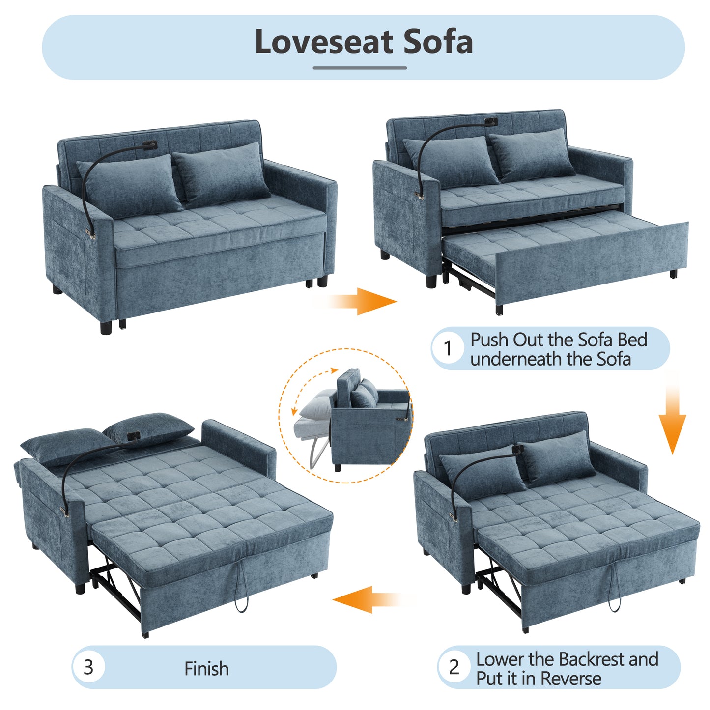 56.9" Loveseat Sofa Pull-out Sofa Bed Sleeper Sofa with a Reversible Backrest Cushion, Side Pockets, Two USB Ports and a Phone Holder for Living Room, Blue