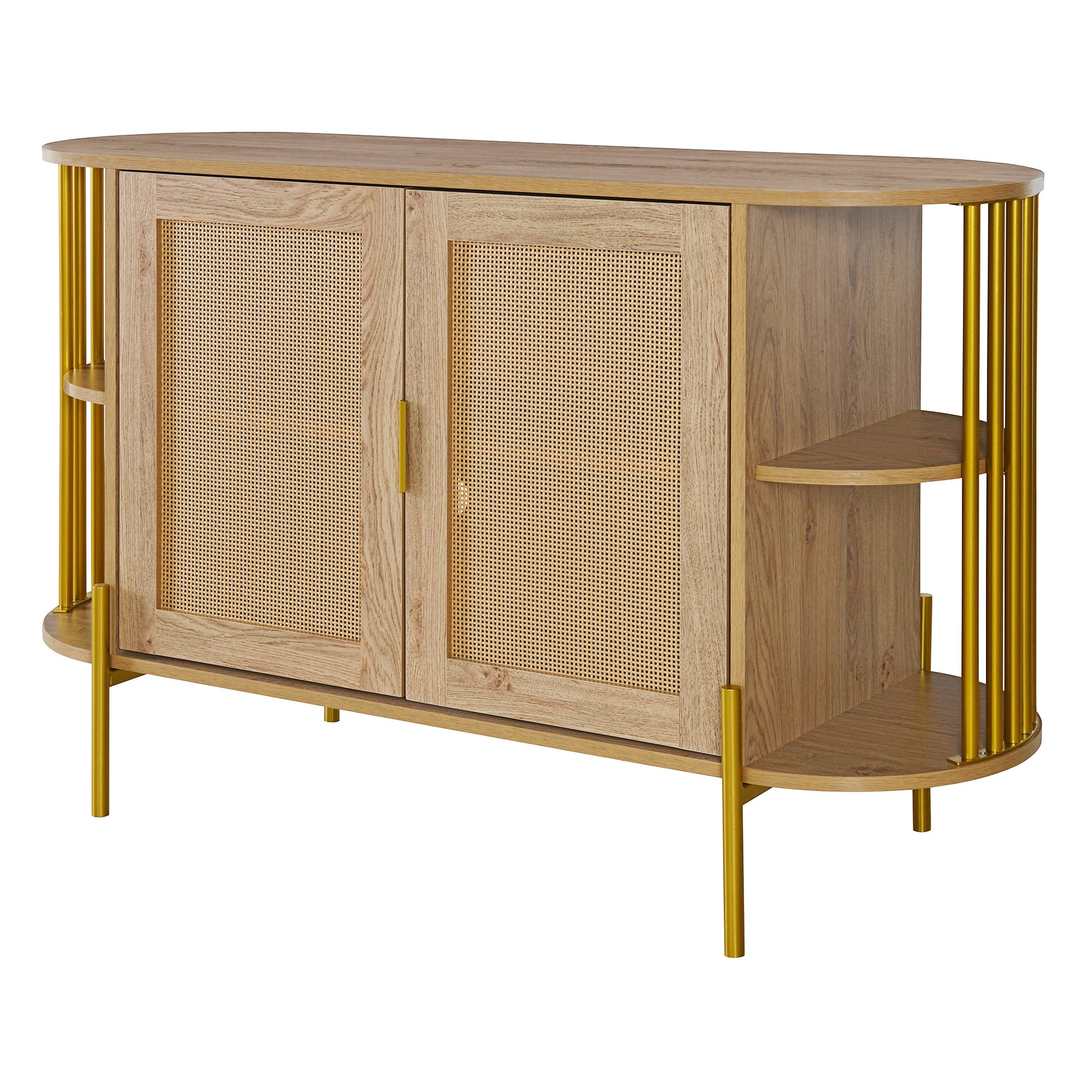 TREXM 2-Door Elegant Curved Dining Cabinet with Gold Trim and Woven Rattan Doors for Dining Room (Natural)