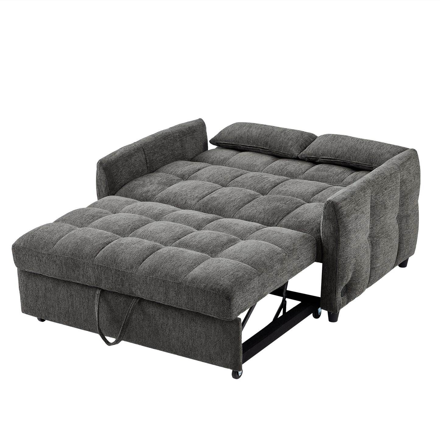 52.8" Loveseat Sofa Pull-out Sofa Bed Tufted Sleeper Sofa with an Adjustable Backrest, Three USB Ports and Two Lumbar Pillows for Living Room, Grey