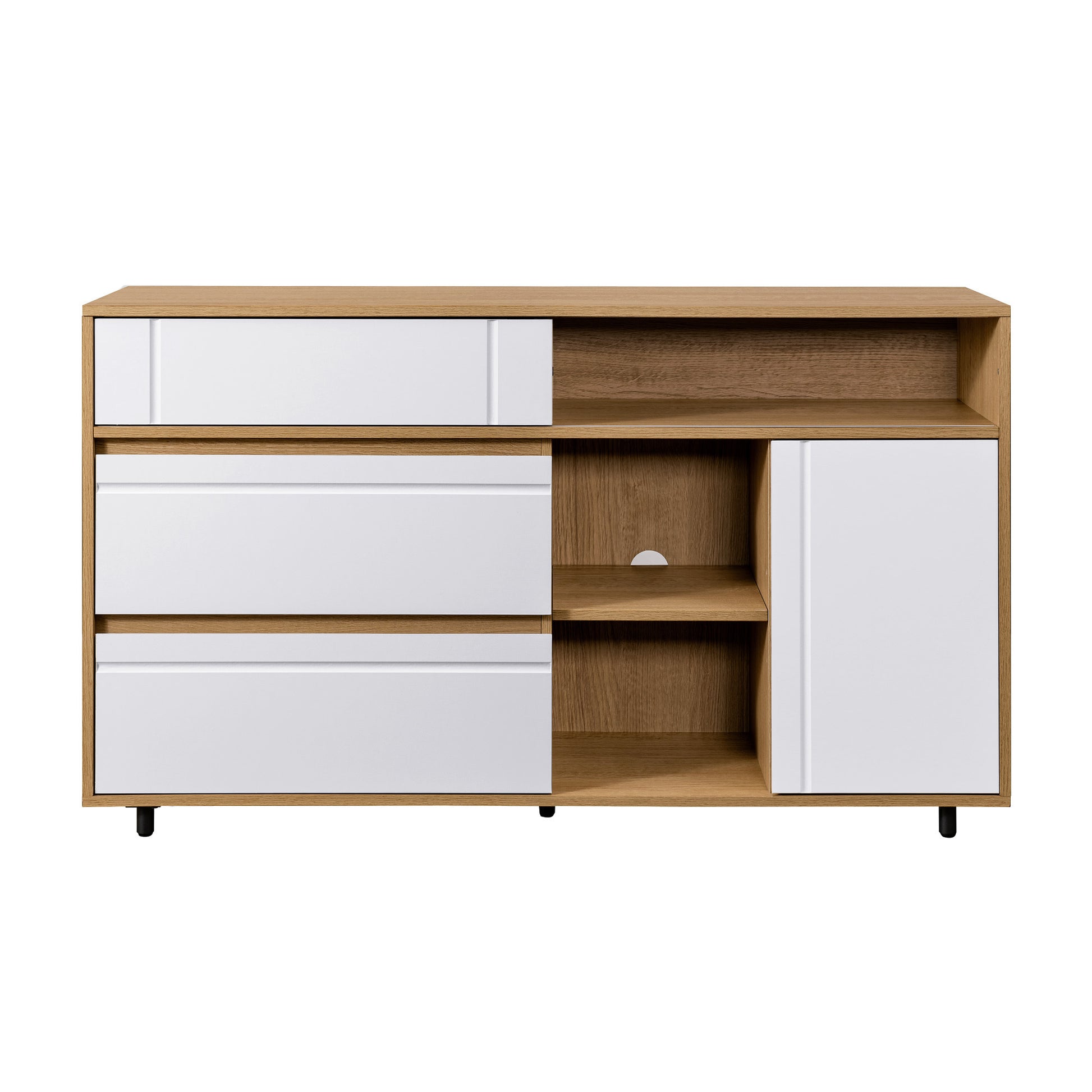 Contemporary Detailed-Door Sideboard with Open Storage – Coastal Oak / Solid White