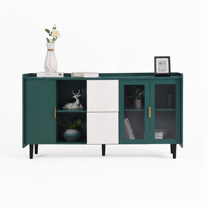 Modern Kitchen Pantry Storage Cabinet , 55" Coffee Bar Storage Cabinet with 2 Drawers, 2 Open Storage Compartment & 2 Glass Doors, Wood Buffet Table for Kitchen, Living Room, Green