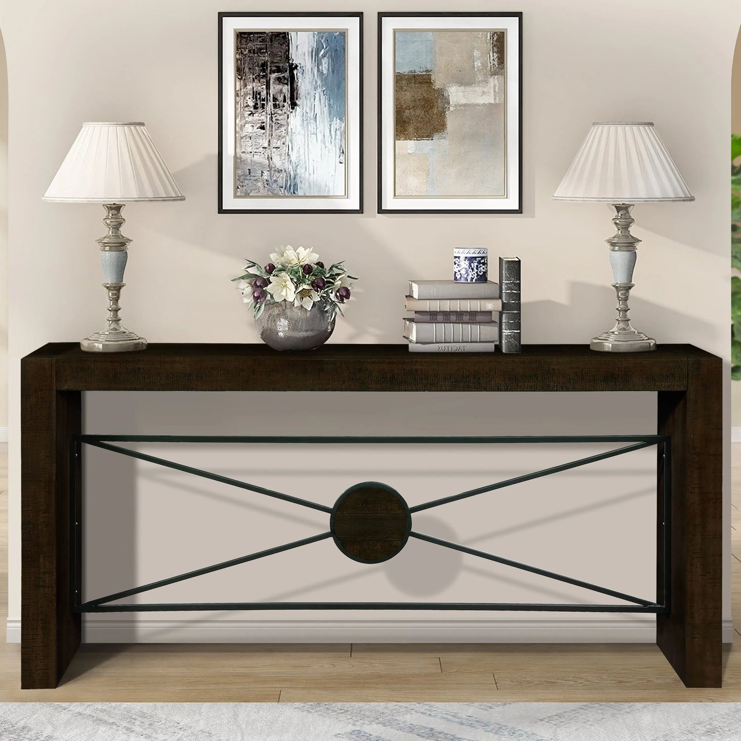 Retro Modern Wood Console Table, Long Sofa Table Behind Couch, Farmhouse Accent Table with Angled Metal Frame, Entryway Table for Hallway, Living Room, Foyer