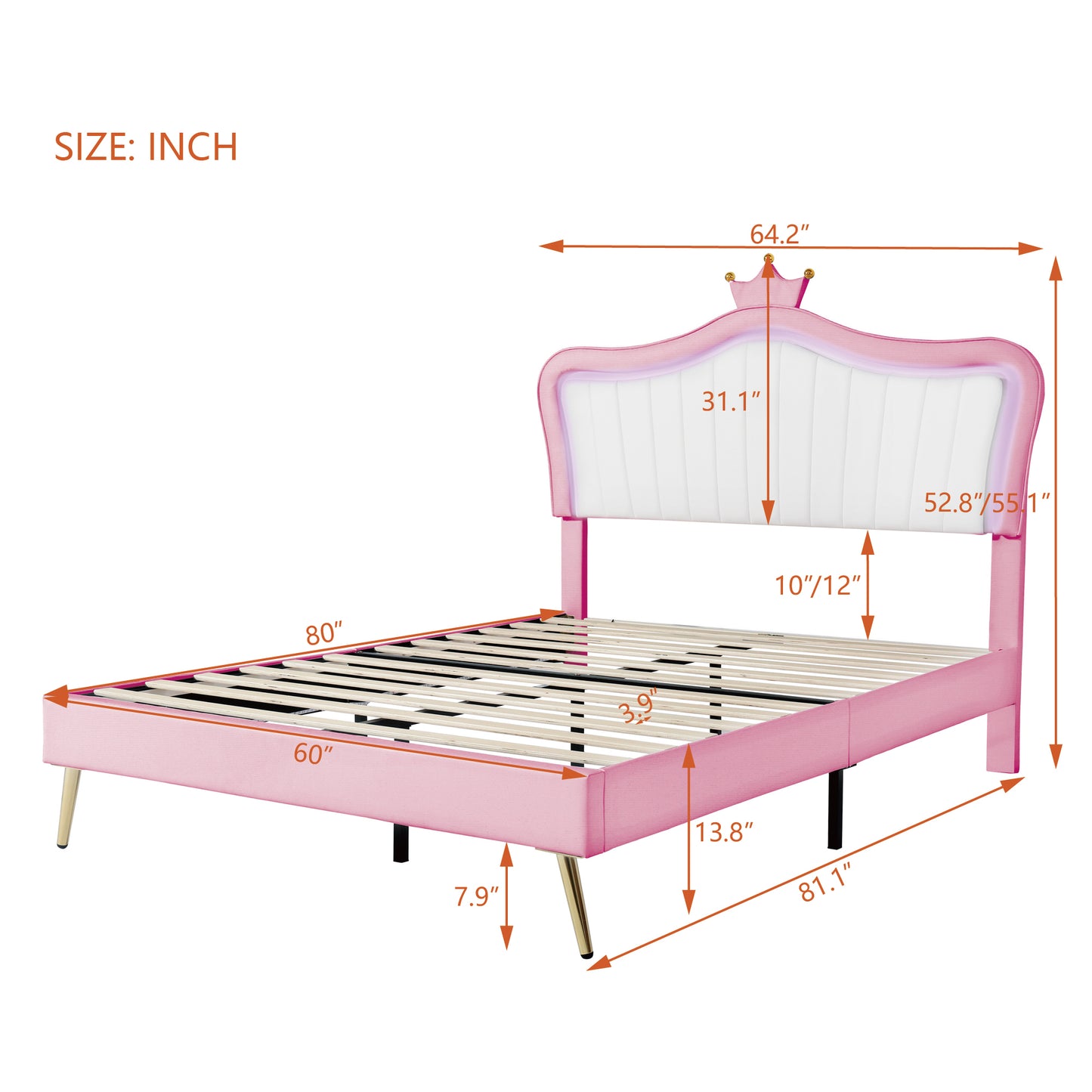 Queen Size Upholstered Bed Frame with LED Lights,Modern Upholstered Princess Bed With Crown Headboard,White+Pink