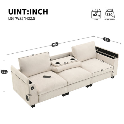 96*35''Chenille Sectional Sofa with Bluetooth Speaker,Comfy Cloud Couch Set with Drop Down Table,Cup Holders,USB Charger,Storage Armrest,Wide Seat Sofa for Living Room,Apartment,Office,3 Colors