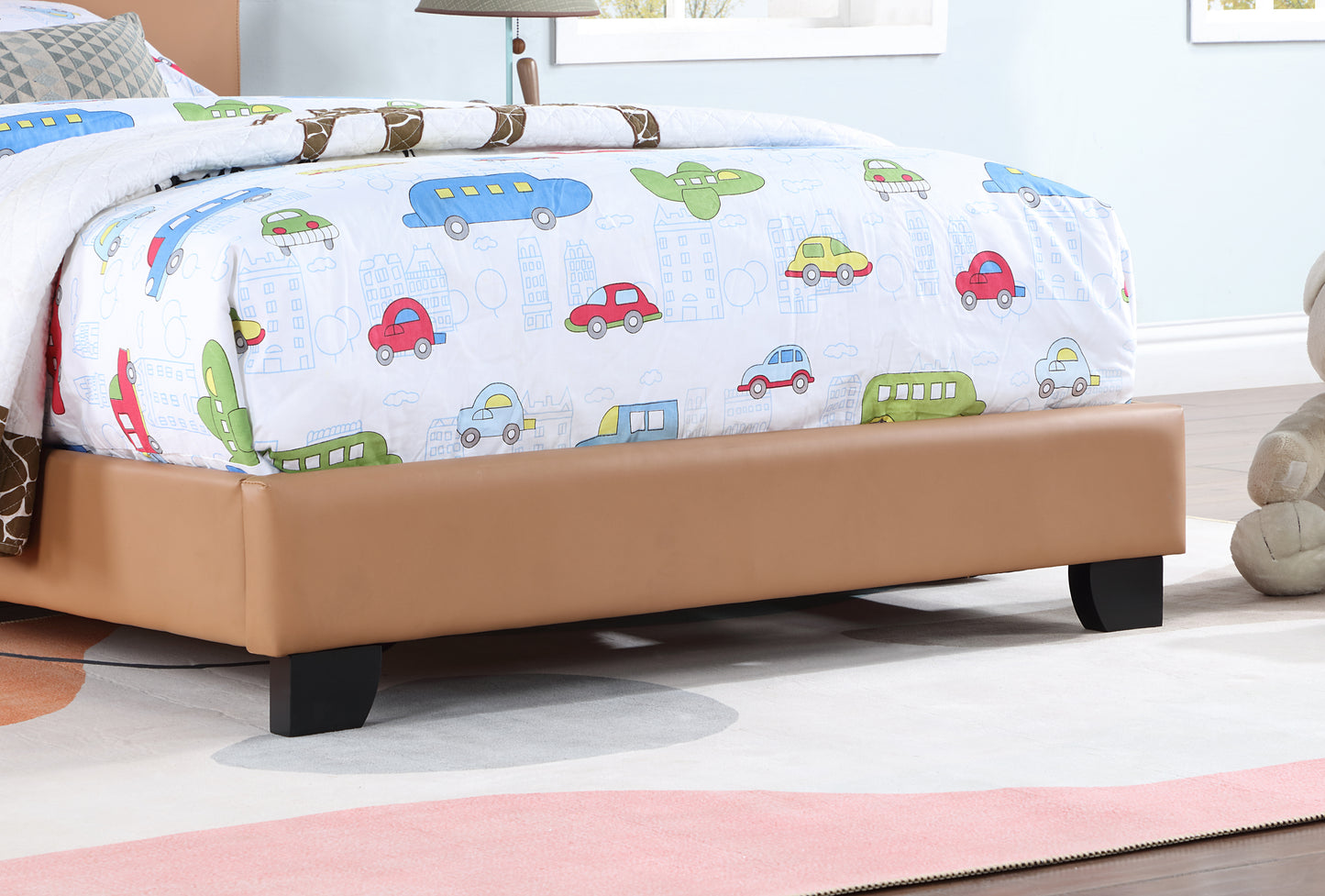 Upholstered Twin Size Platform Bed for Kids, with Slatted Bed Base, No Box Spring Needed, Brown color, Bear Design