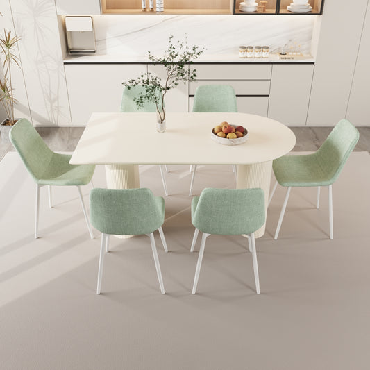 63 "MDF new cream style dining table and modern dining chair 8-piece set, modern and stylish kitchen dining table set, round wave table legs, dining table and linen chairs -buy 6 chairs and get 2 free