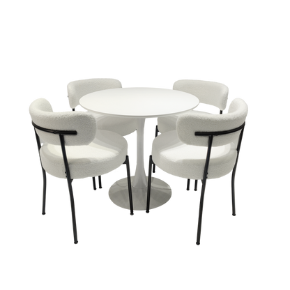 White Dining Chairs Set of 2, Mid-Century Modern Dining Chairs, Kitchen Dining Room Chairs, Curved Backrest Round Upholstered Boucle Dining Chair with Black Metal Legs