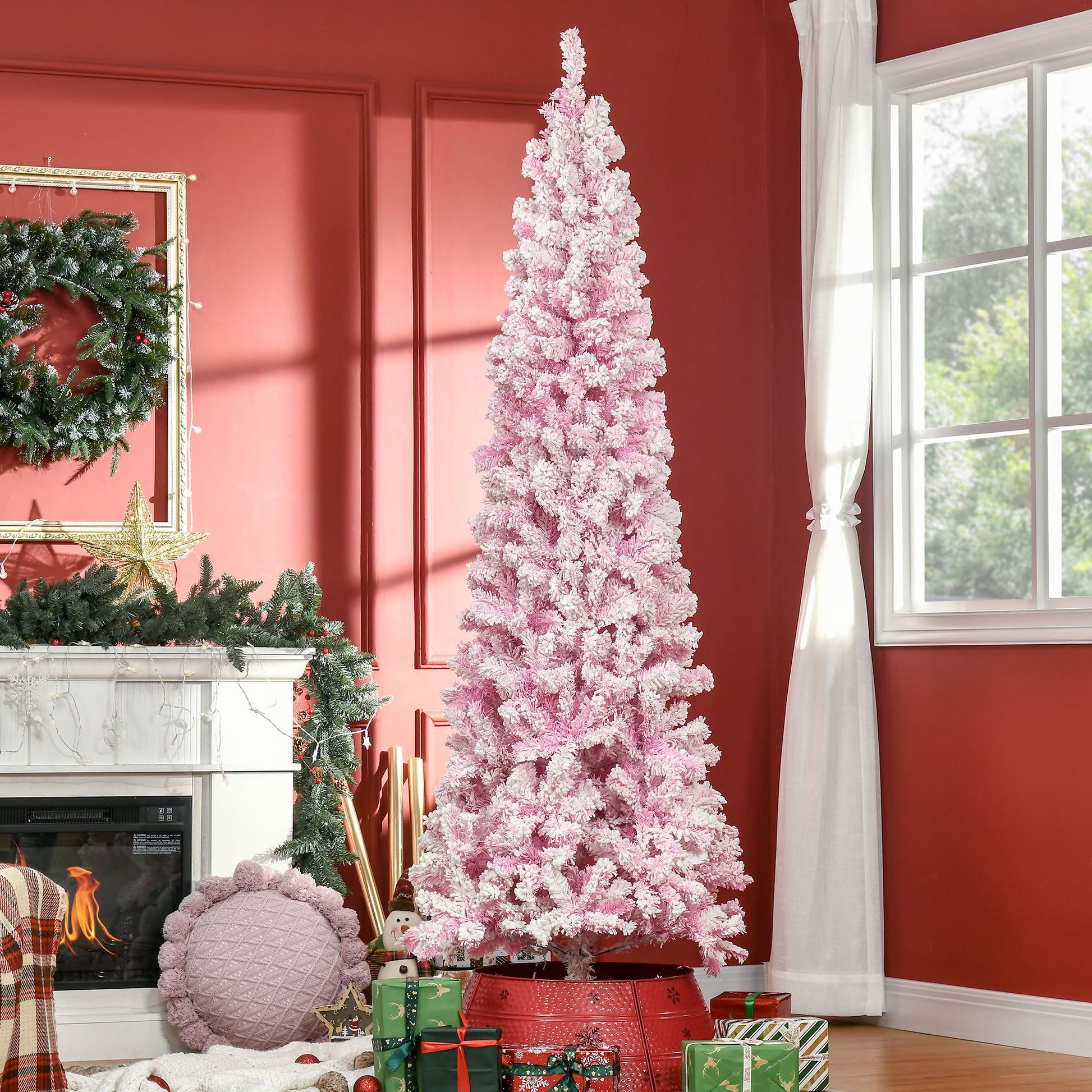 HOMCOM 7.5' Tall Unlit Snow Flocked Artificial Christmas Tree Slim Pencil Xmas Tree with Pine Shape and Realistic Branches, Pink