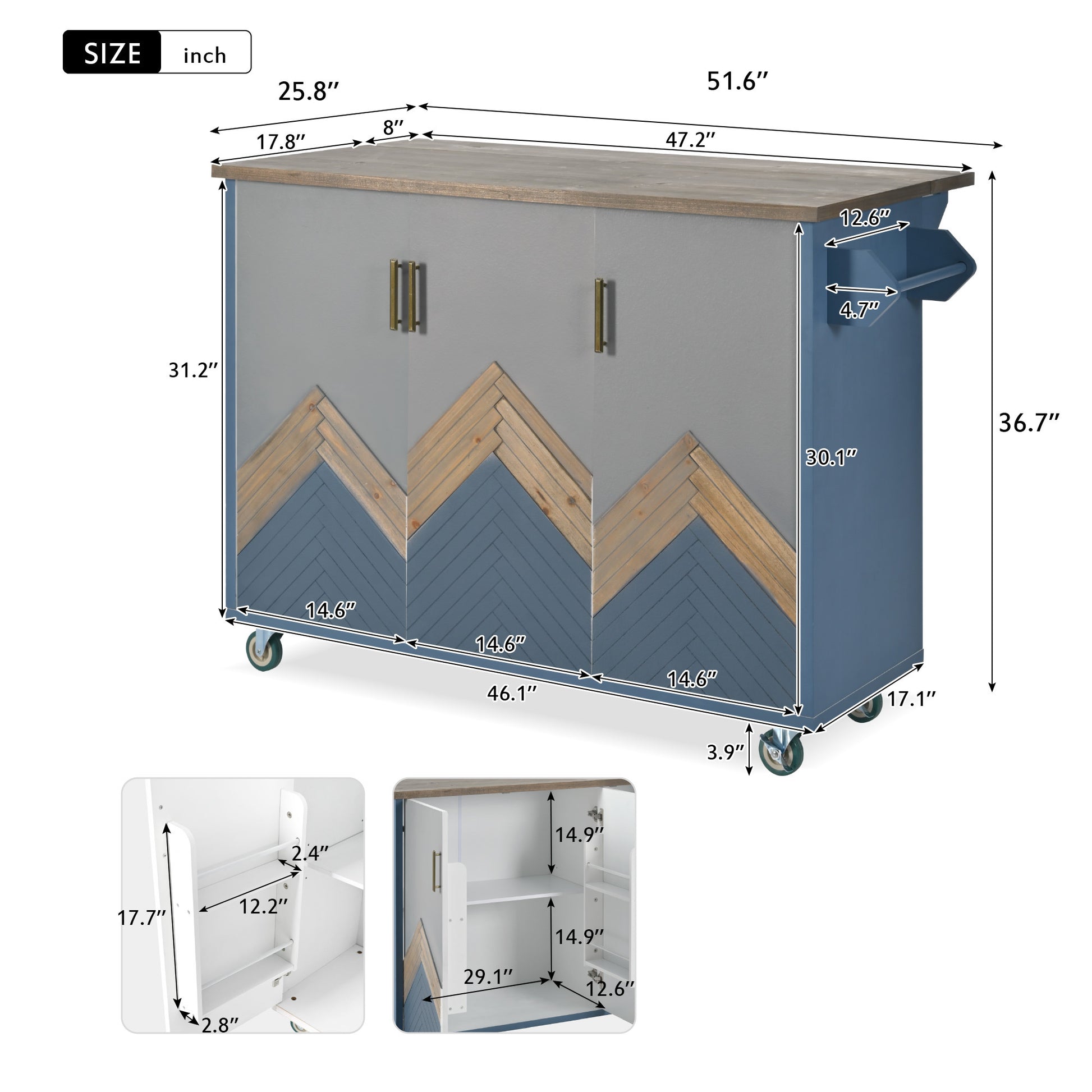 Retro Mountain Wood 47"D Kitchen Island with Drop Leaf, Accent Cabinet with Internal Storage Rack, Farmhouse Rolling Kitchen Cart on Wheels for Living Room, Kitchen, Dining Room (Navy Blue)