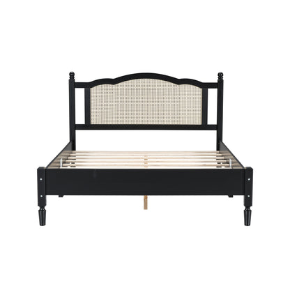 Queen Size Wooden Platform Bed with Natural Rattan Headboard, Vintage Bed Frame with Wooden Slat Support, Black