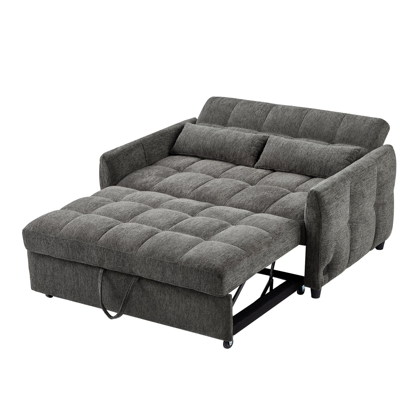 52.8" Loveseat Sofa Pull-out Sofa Bed Tufted Sleeper Sofa with an Adjustable Backrest, Three USB Ports and Two Lumbar Pillows for Living Room, Grey