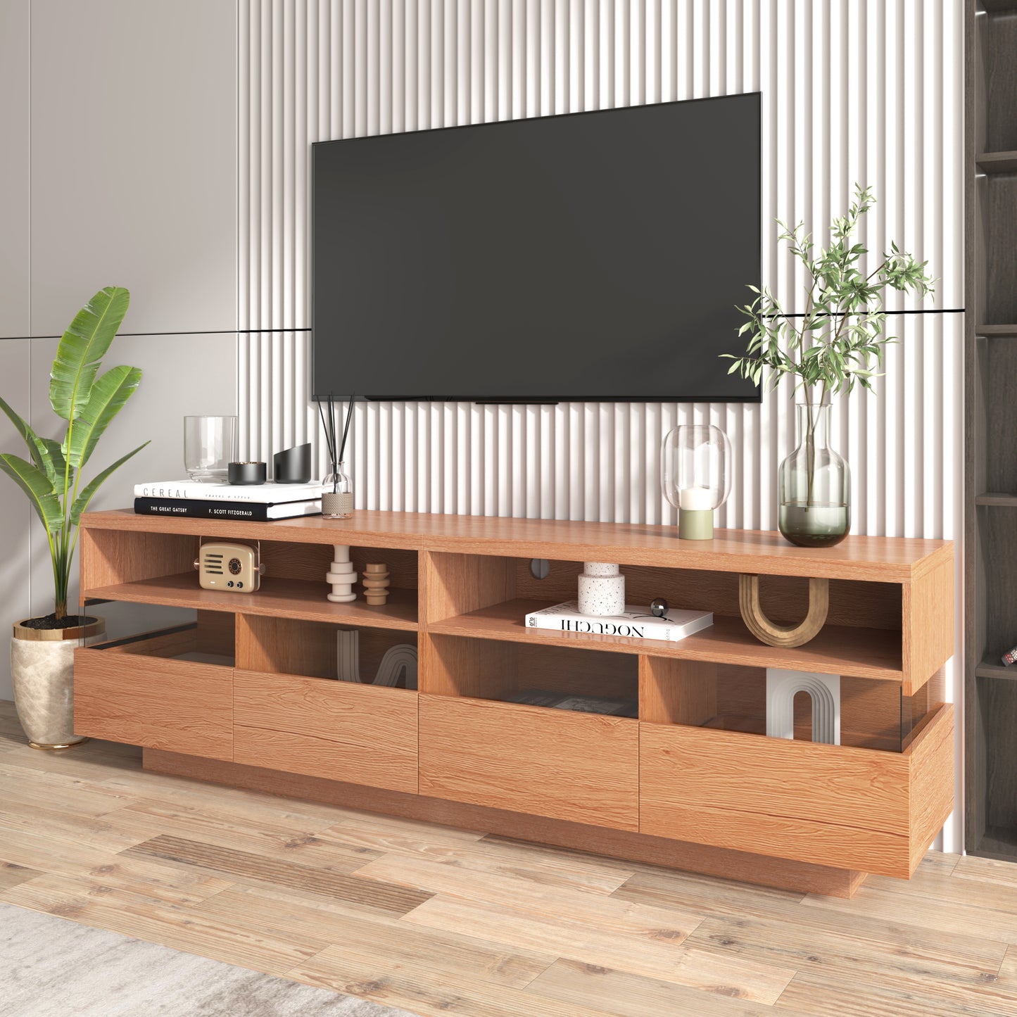 Modern TV with 4 Drawers& 2 open Cabinets, Media Console Table for TVs up to 75'', Entertainment Center with Acrylic transparent Storage Space for Living Room, Bedroom, Home Theatre