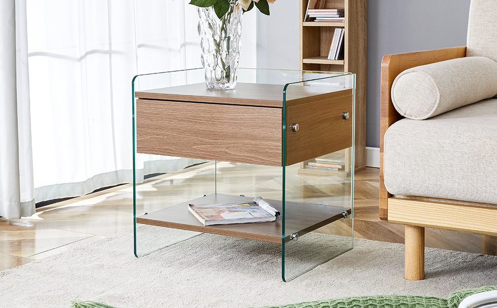 Bedside table with drawers. The board surface is MDF sticker, and both sides are transparent tempered glass. The design is simple and elegant, with excellent storage functions.