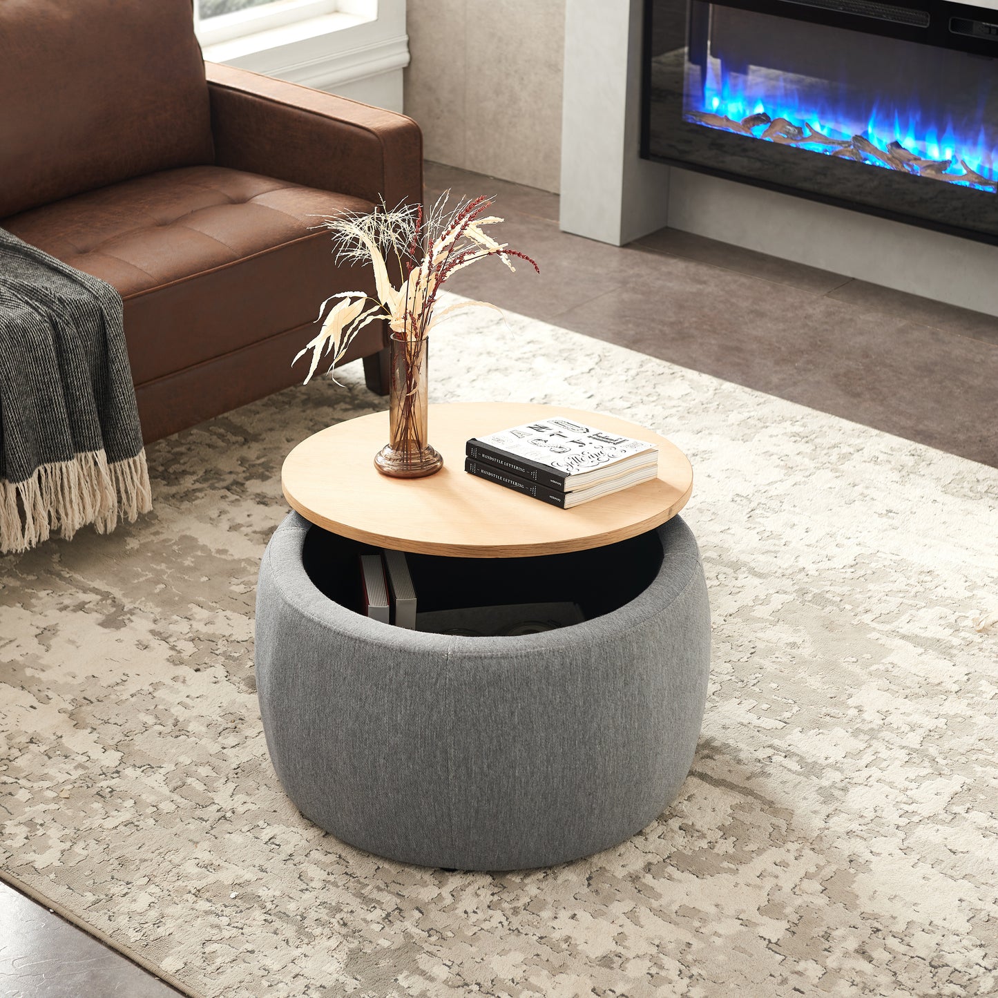 Round Storage Ottoman, 2 in 1 Function, Work as End table and Ottoman, Dark Grey (25.5"x25.5"x14.5")